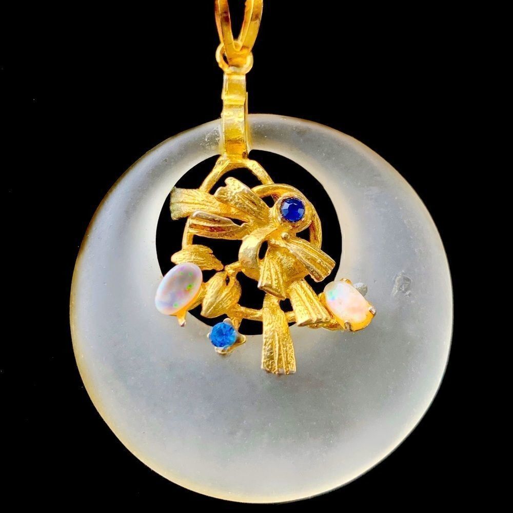 Vtg Hobe’ camphor glass gold tone round floral opal faux sapphire pendant